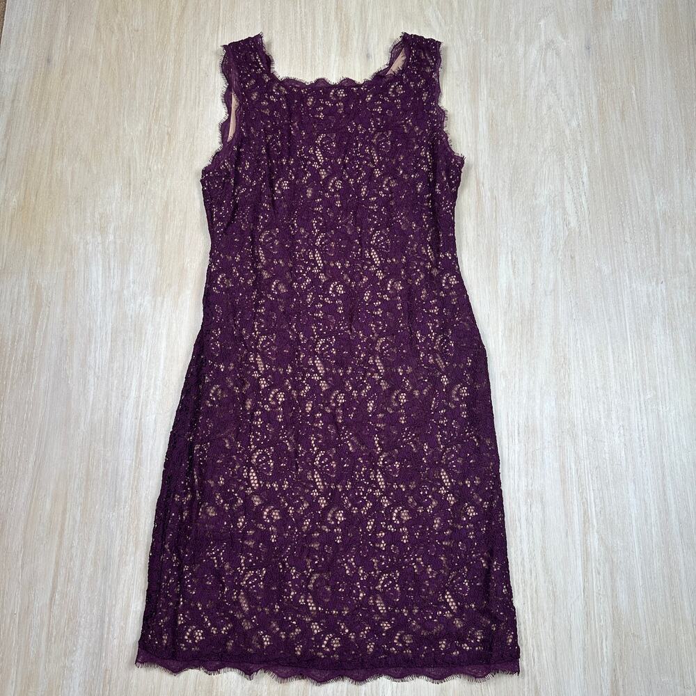 Adrianna Papell Plum Lace Sheath Cocktail Dress Sleeveless Eyelash Hem 12